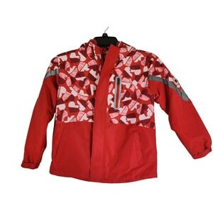 Girls 10 Red Heart Hooded Rain Jacket Coat Fleece Lined Reflective Winter School